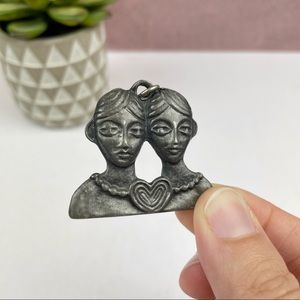 Silver Pewter Colored Sisters Friend Love Heart Charm Pendant